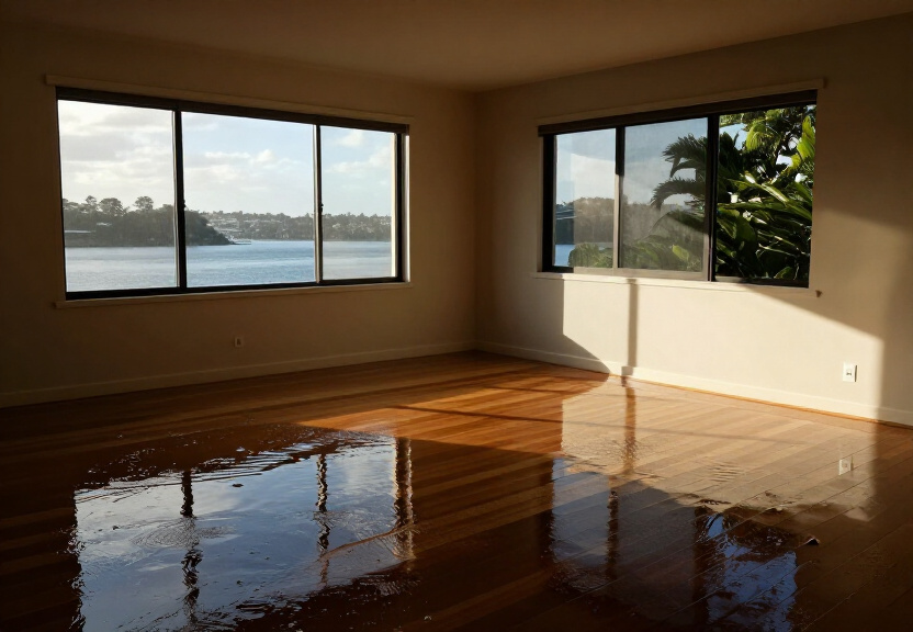 Flood damage in a Bangor living room before restoration